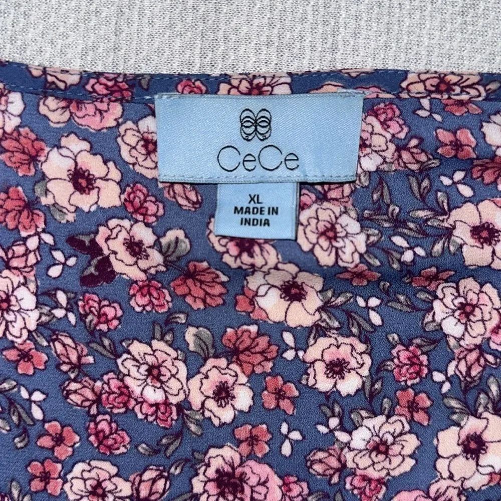 CeCe XL Blue Pink Fuchsia Ruffle V-Neck Neck Long Sleeve Floral Blouse - Picture 8 of 9
